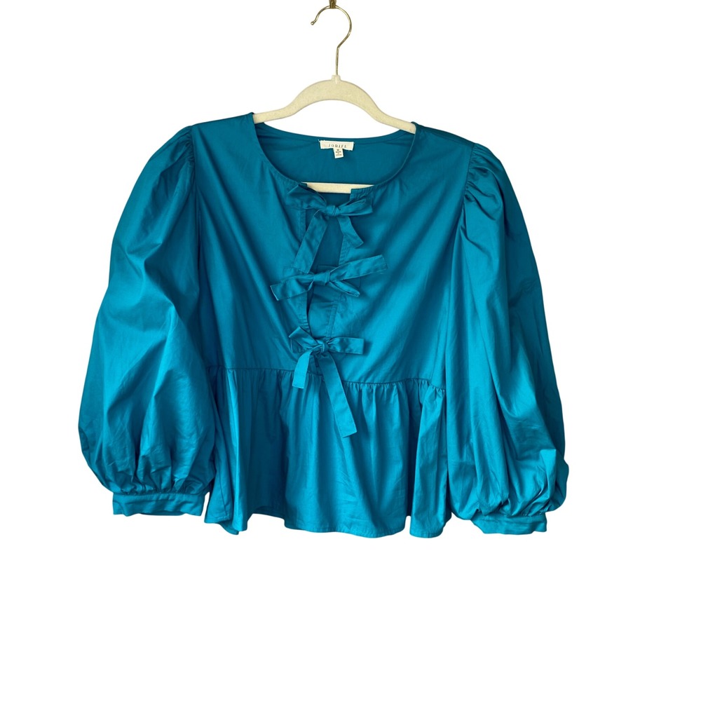 JODIFL Teal Blue Bow Tie Front Puff Sleeve‎ Peplum Top Medium RN170503